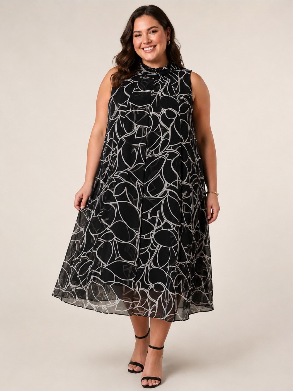 Signature by Robbie Bee Black White Abstract Chiffon Dress Tie Neck Keyhole Midi